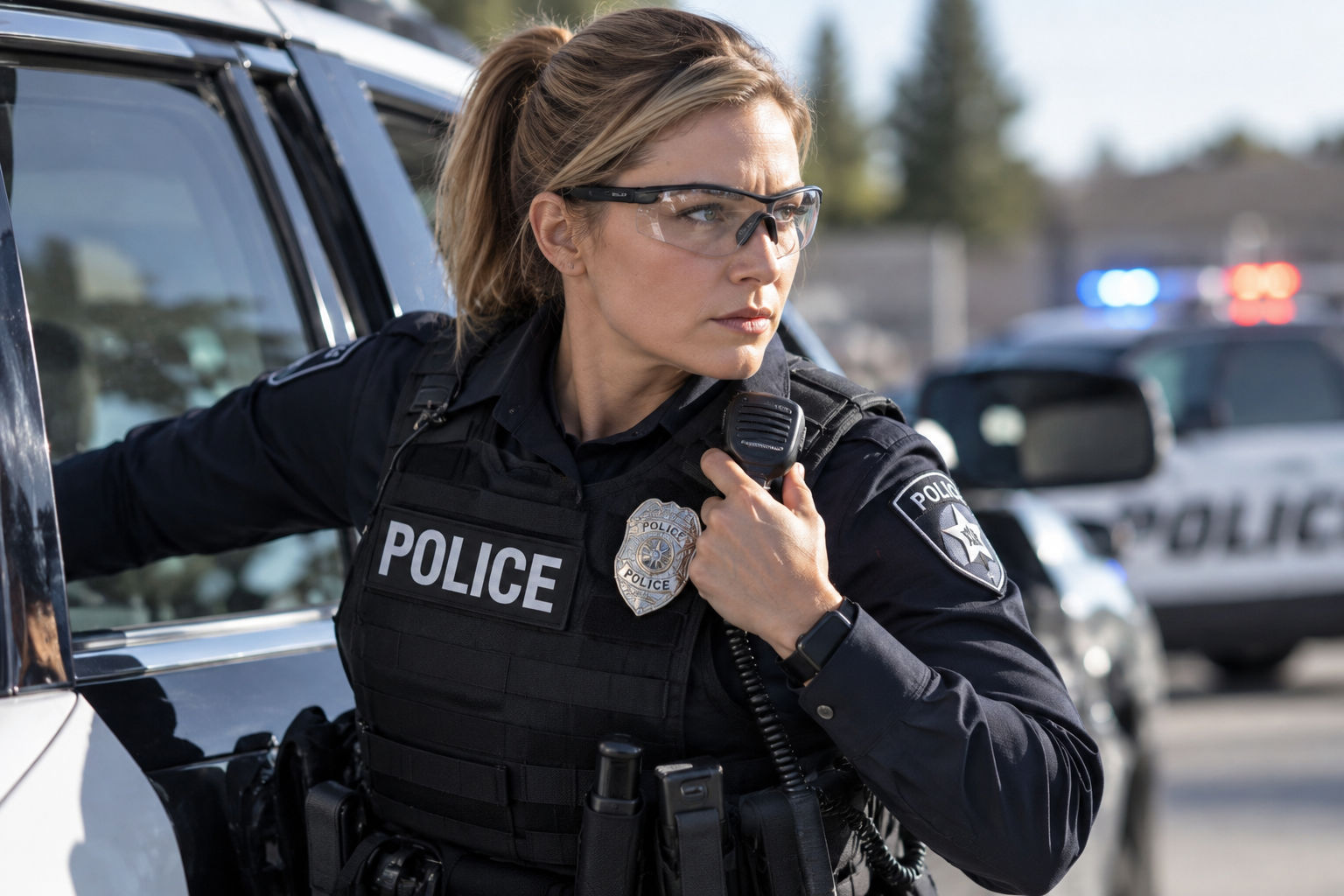 Female police officer wearing safety glasses