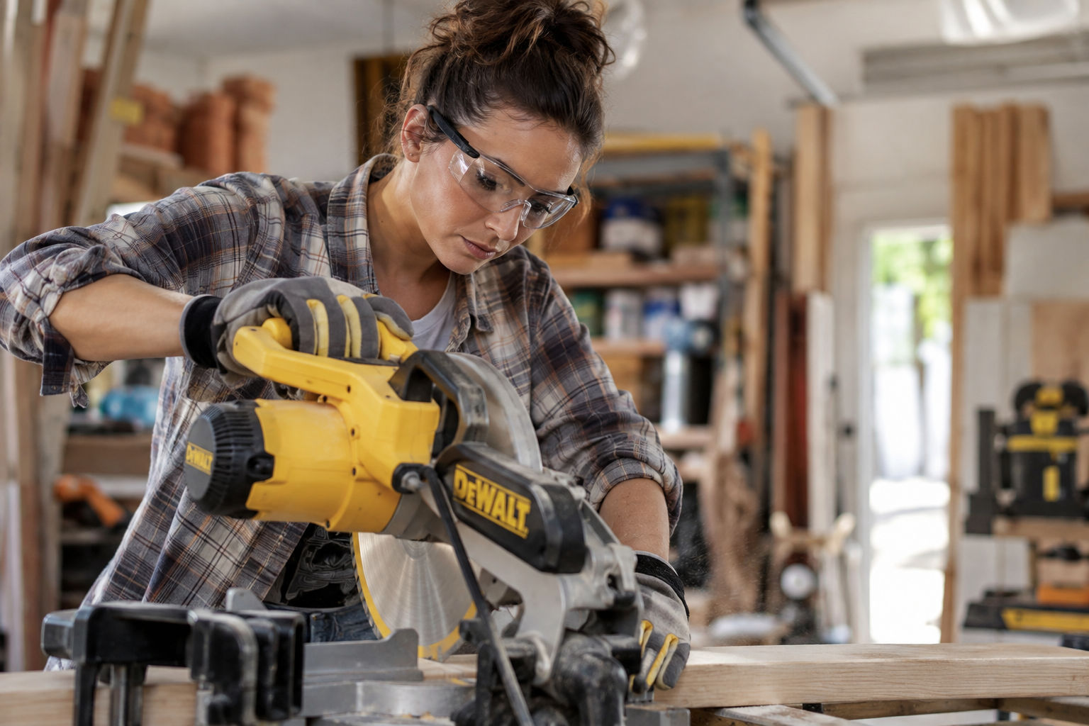 A woman using a powersaw in a workshop safety glasses